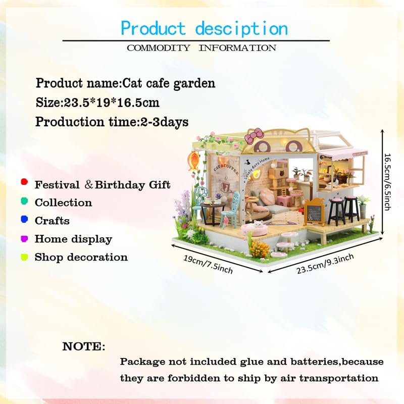Kit fai da te Cat Cafe in miniatura per casa delle bambole con luce a LED, scala 1:24, fatto a mano, gatto, caffè, giardino, casa delle bambole, regalo di compleanno creativo per adolescenti (casetta