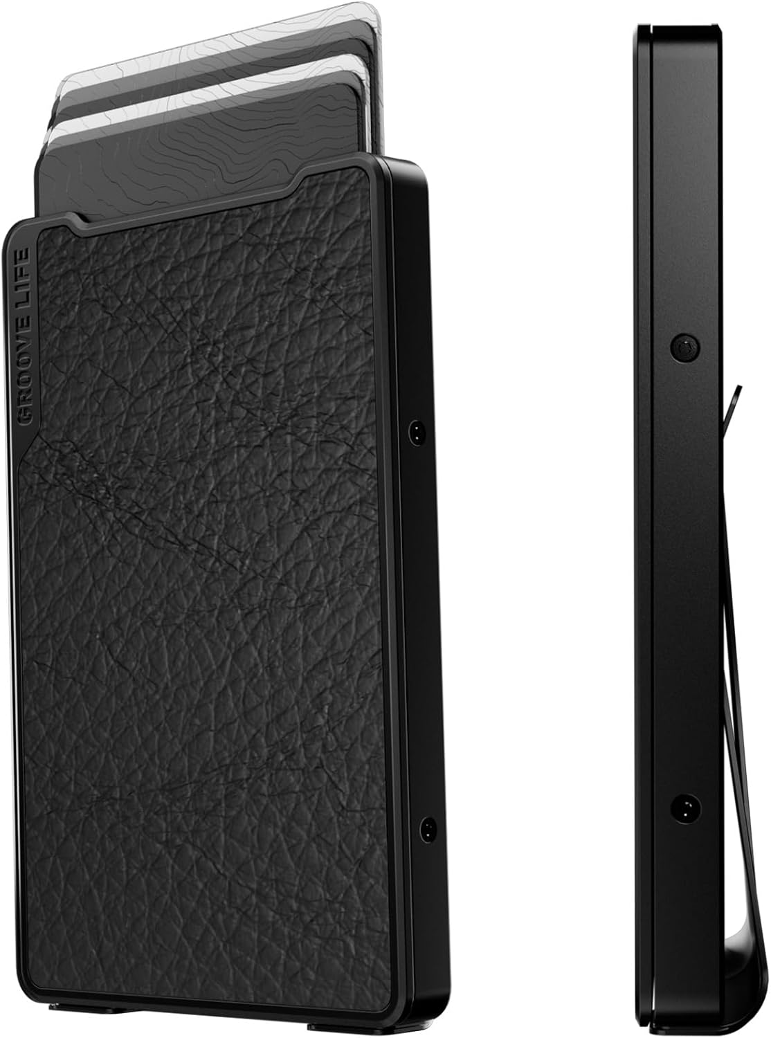 Groove Life Magnetic Thumb Swipe Groove Wallet Leather Midnight Black with Money Clip - Minimalist Low Profile Aluminum Credit Card Holder for Men with RFID Blocking
