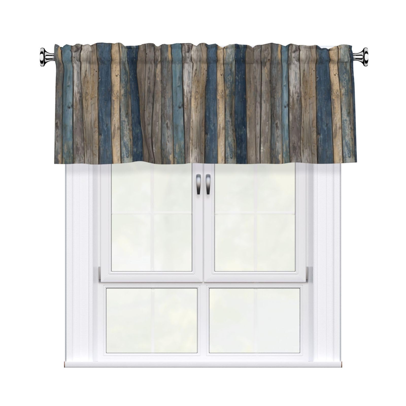 Woshuwo Vintage Boatyard Wood Plank Wall Valances For Windows Rod Pocket Window Treatment Short Curtains For Kitchen Living Room Bedroom Decor 54x18in