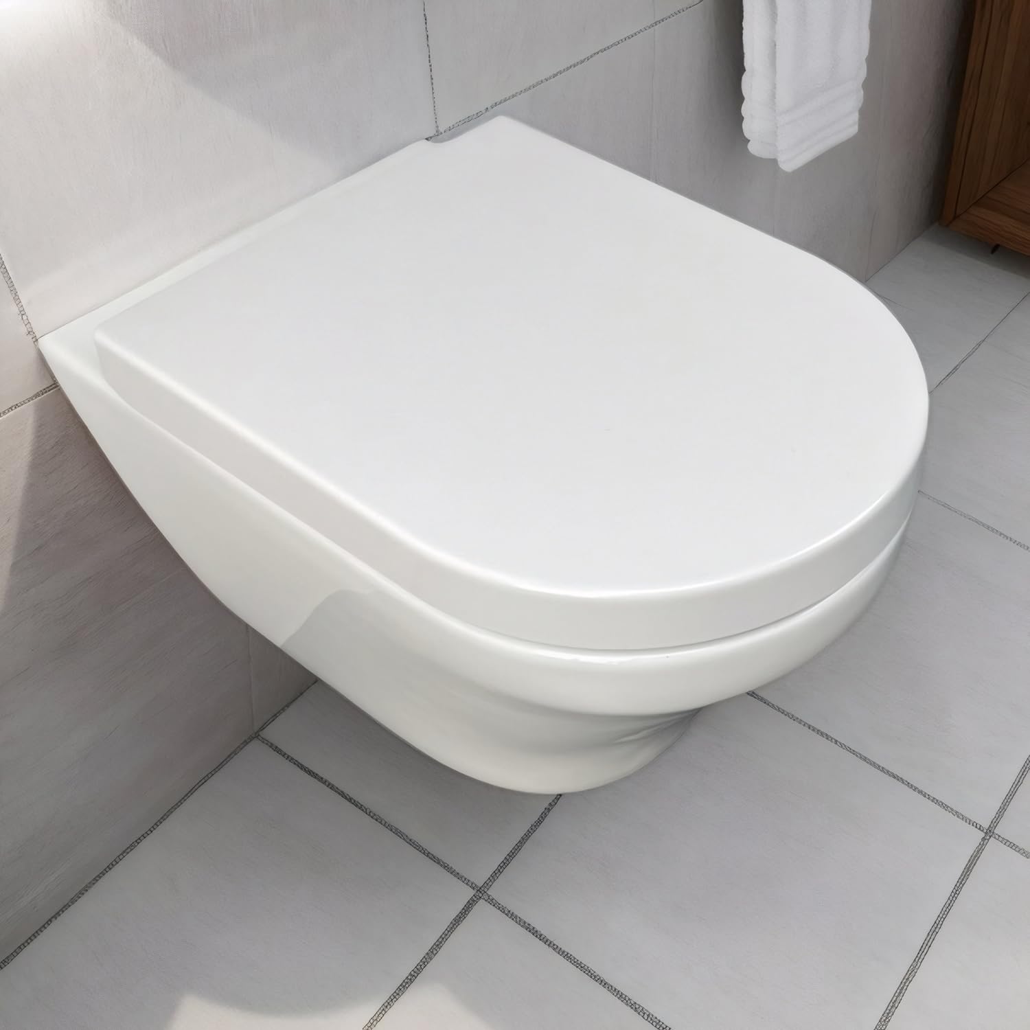 WC-Sitz Lang D-Form 36x46 cm, Absenkautomatik, Quick-Release, Weiß | Antibakterieller Duroplast-Toilettendeckel. Einfachen Reinigung. Hygienisch & abnehmbar. Montage leicht. bis 150 kg belastbar