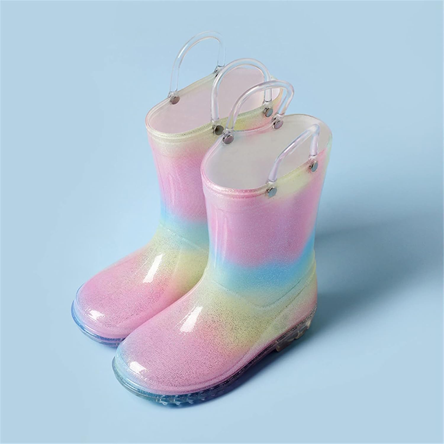 Kids Rain Boots Boys Girls Waterproof Glitter Shoes with Easy-on Handles Sparkly Outdoor Light Non-Slip Rainboots