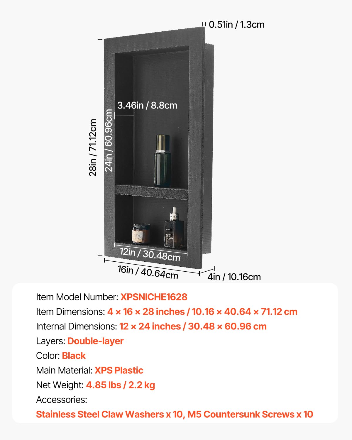 VEVOR Shower Niche 16 x 28 x 4 inch Recessed Wall Niche with Movable Divider Shelf Modern Soap — view 8