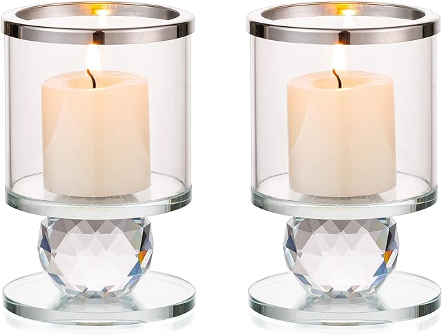 Sziqiqi Crystal Pillar Candle Holders, 2PCS Clear Glass Candlestick Holder Candlelight Dinner Table Centerpiece, Tealight Candle Stand for Floating Candles or LED Candles, Silver