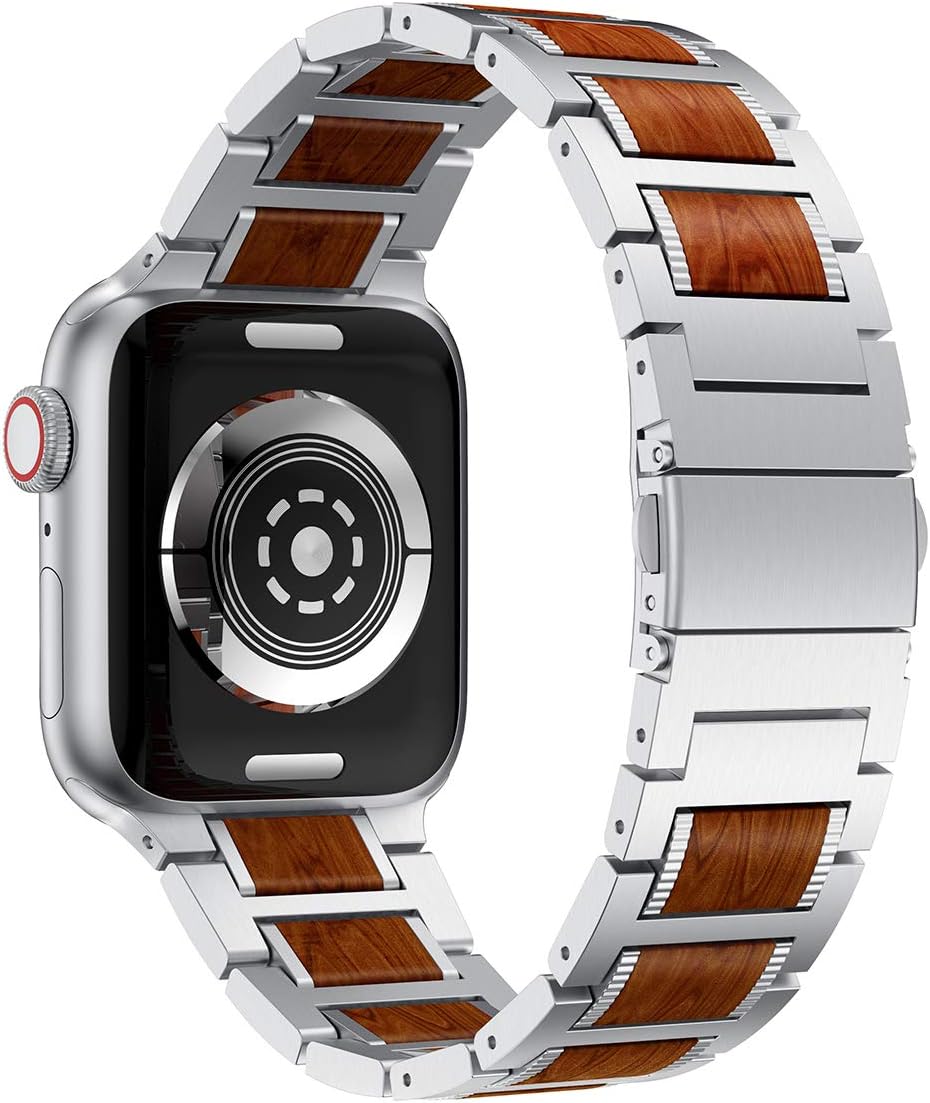 LDFAS Compatible for Apple Watch Ultra 2 Band 49mm,Series 10 46mm, Natural Wood Red Sandalwood Stainless Steel Metal Strap for iWatch Bands Compatible for Apple Watch 9/8 45mm/42mm