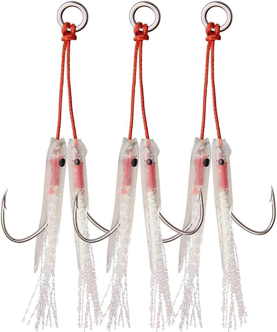 Fishing Assist Hooks Saltwater Double Assist Jigging Hook with Glow Teaser Stinger Hooks Replacement Dancing Butterfly Jig Fishing Hooks for Slow Pitch Jigs Vertical Jigging Lures