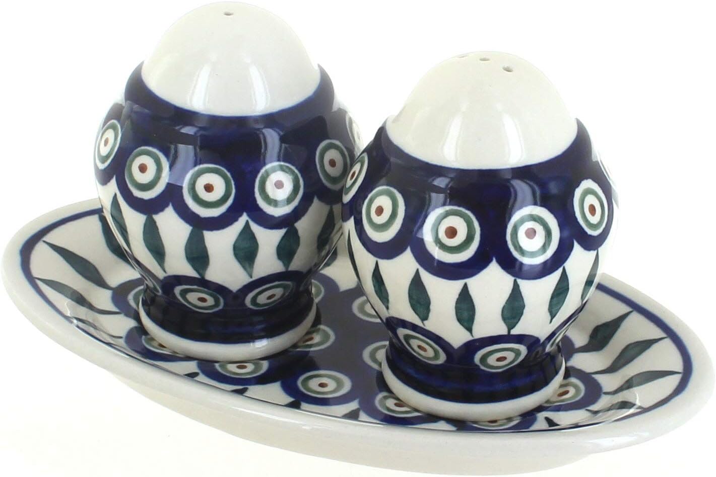 Blue Rose Polish Pottery - Blue Flowering Peacock Salt & Pepper Shaker with Plate - 7.5" Tall - Hand-Painted Ceramic Seasoning Set for Table & Kitchen