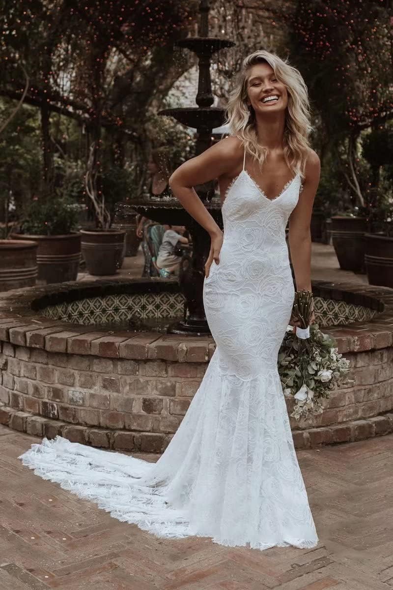 YIANN Vestido de novia con tirantes delgados y cuello en V para novia, vestido de novia de encaje bohemio con cola