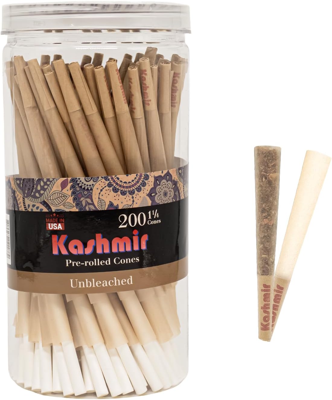 Kashmir Pre Rolled Cones 1 1/4 Size – 200 Pack Unbleached Rolling Papers with filter Tips – Natural Fiber Cones – Slow Burn, Easy Fill, Even Smoke – 79mm Pre Rolls