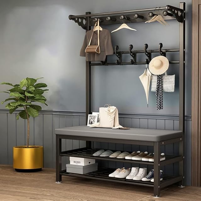 Bagewinner Metal Coat Rack Standing with Shoe Bench, Modern Industrial Entryway Coat Tree with 11 Hooks and 2-Tier Shoe Rack, 4 in 1 Hall Tree for Hallway Easy to Assemble, 100X33X170CM