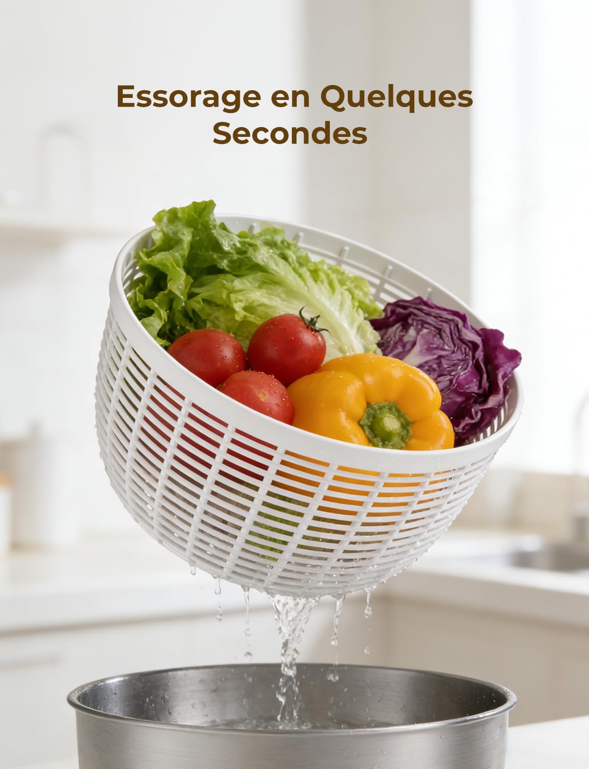 Essoreuse à Salade Acier Inoxydable, 6L Grande Capacité Essoreuse Salade avec Saladier et Base Antidérapante, sans BPA, Lave et sèche Rapidement Les légumes et Les Fruits