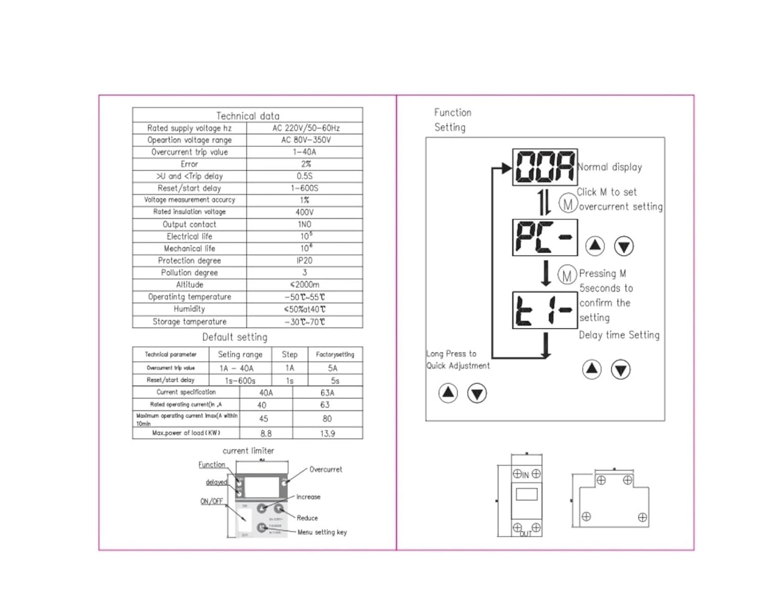 Voltage Meter Under Voltage Over Current Protector Device Din Rail Dual LCD Display Adjustable Relay 40A2P Protector Volt-Ampere