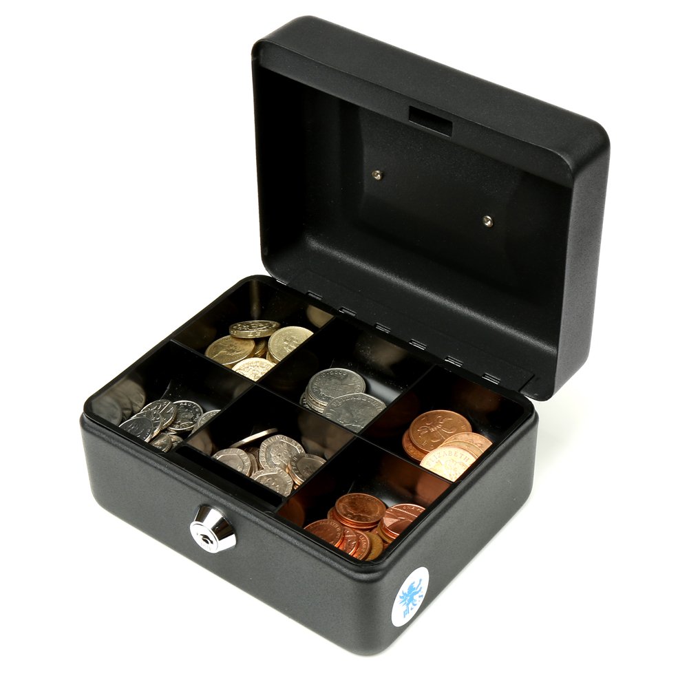 H&S Money Box Tin 6" Steel Cash Safe Box Petty Cash Deposit Tin with