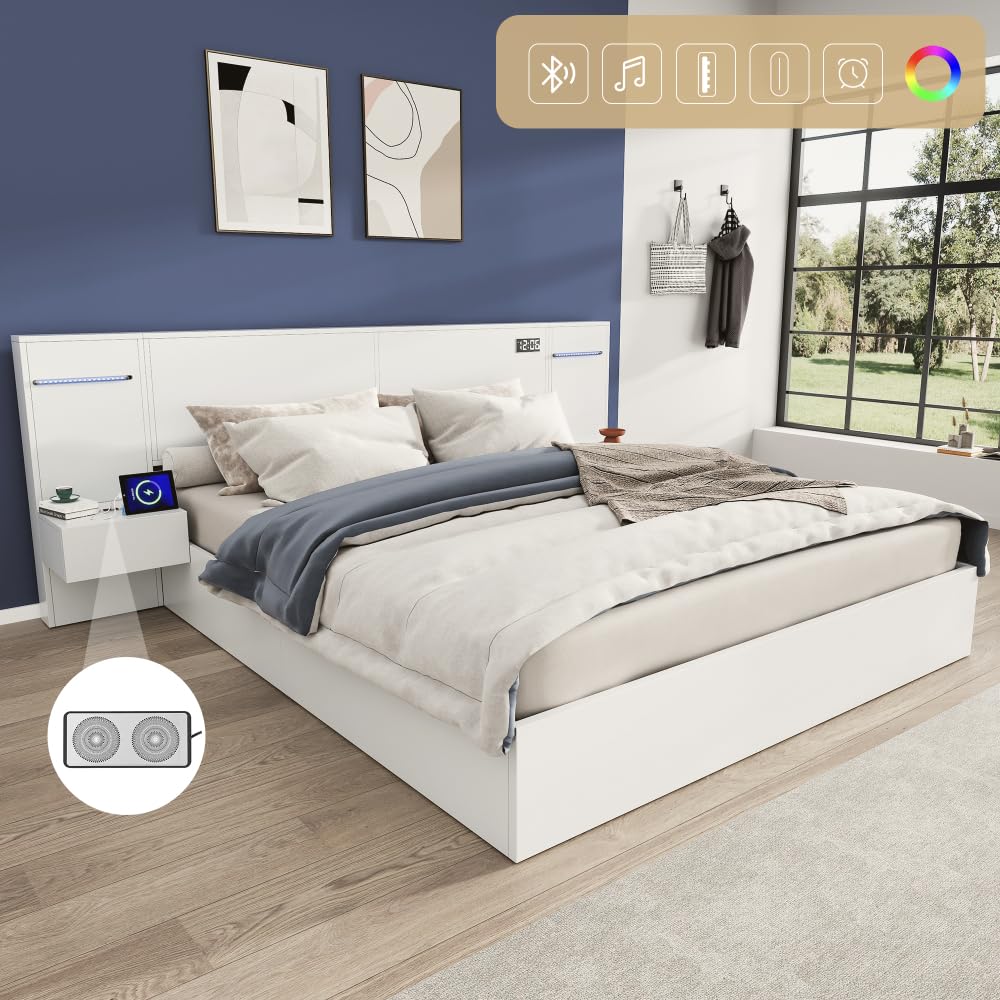 Struttura letto 180x200 con rete a doghe, letto con comodini integrati, letto matrimoniale in legno con porta USB e LED, orologio elettronico, senza materasso, bianco