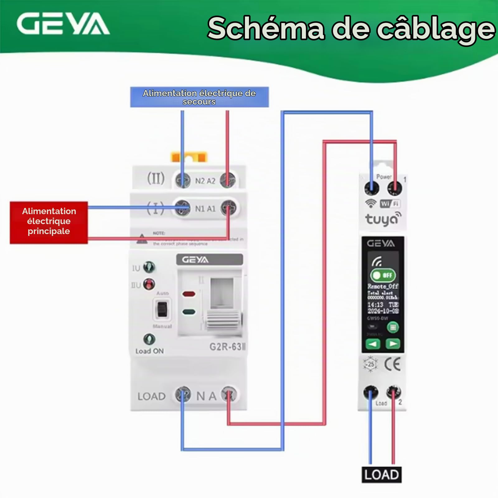 GEYA TUYA WIFI Disjoncteur intelligent avec comptage Télécommande sans fil Smart Home 1A~63A réglable 90V~240V (GWS9-DW Écran LCD)