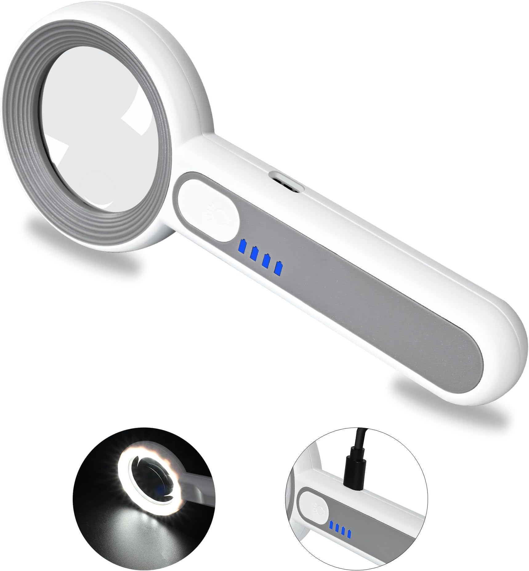 Magnifying Glass with 12 LED Lights, Rechargeable Lighted 5X Magnifying Glass, Lighter Weight Hand Held Magnifier for Reading, Coins, Stamps, Fine Print, Macular Degeneration, Seniors and Kids