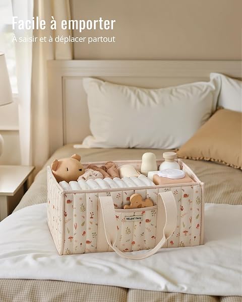 Blissful Diary Panier Rangement Bébé, Organiseur de couches pour Table à Langer, panier de rangement pour couches et lingettes pour bébé, cadeau pour fête prénatale,Crème Bois - 4