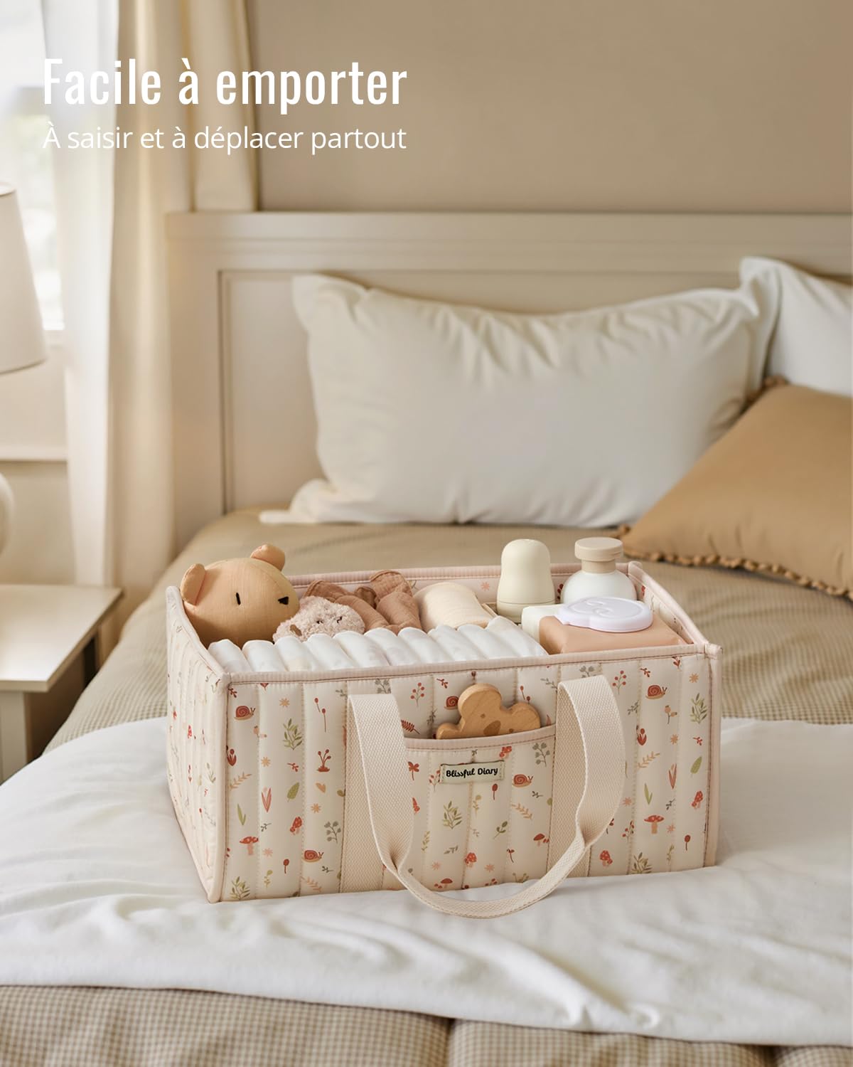 Blissful Diary Panier Rangement Bébé, Organiseur de couches pour Table à Langer, panier de rangement pour couches et lingettes pour bébé, cadeau pour fête prénatale,Crème Bois - 5