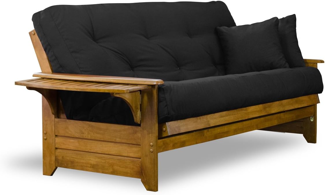 Nirvana Futons Brentwood Tray Arm Futon Sofabed Set - Queen Frame, 8" Thick Black Mattress, Rich Heritage Finish
