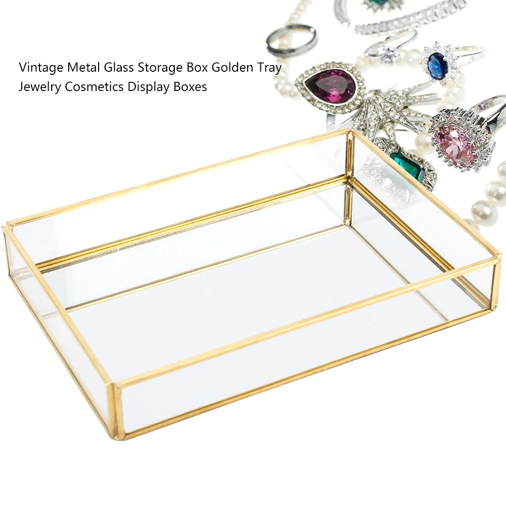 Vassoio per Gioielli e Trucco, Elegante Organizzatore Decorativo Dorato in Vetro a Specchio con Struttura in Metallo Fondo Riflettente 3 Dimensioni per Bagno e Camera da Letto