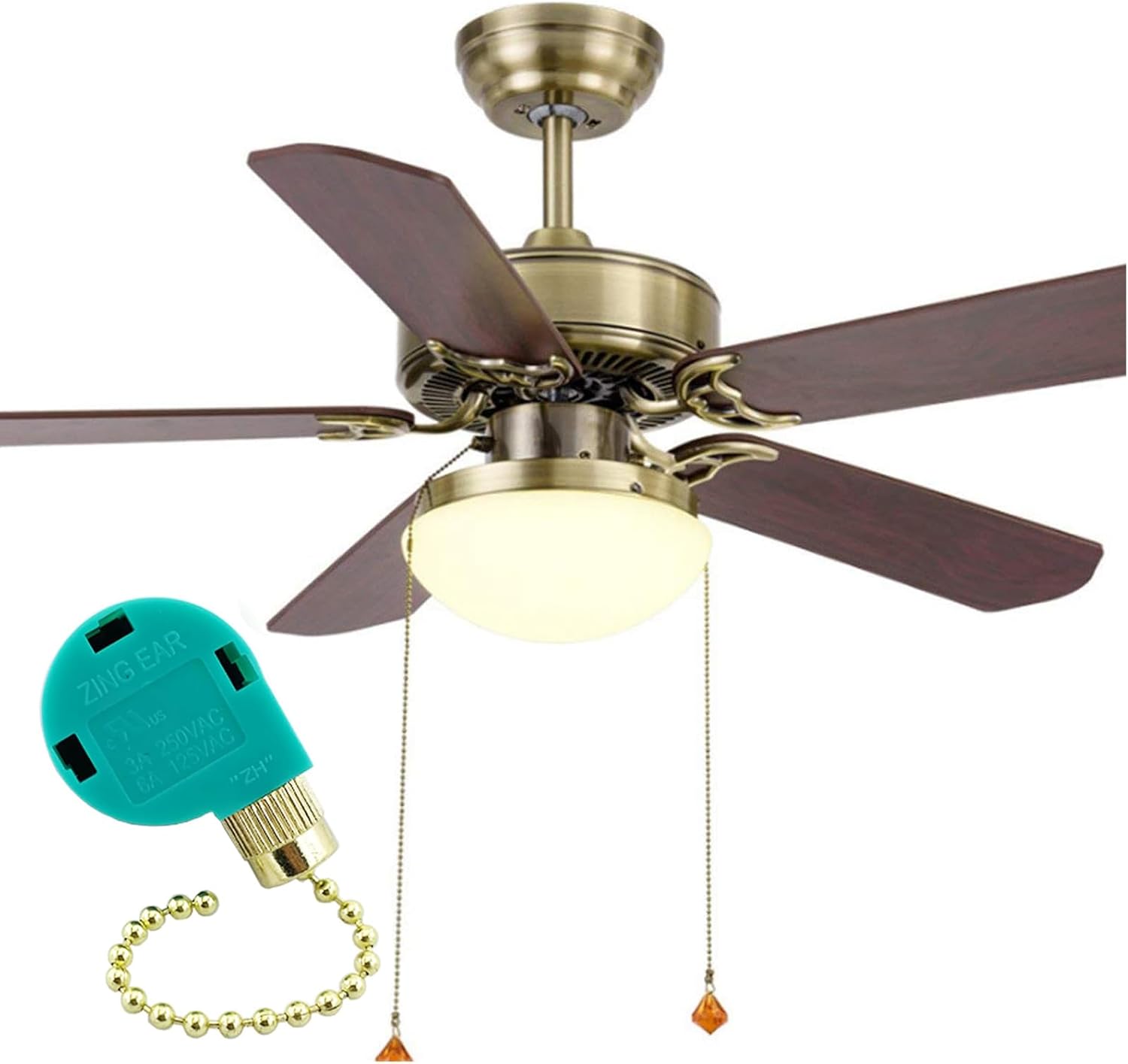 Ceiling Fan Pull Chain Switch 3 Speed 4 Wire Zing Ear ZE-268S6 Ceiling Fan Pull Chain Cord Switch Replacement for Ceiling Fans,Wall Lamps,Cabinet Light (Golden Pull Chain)
