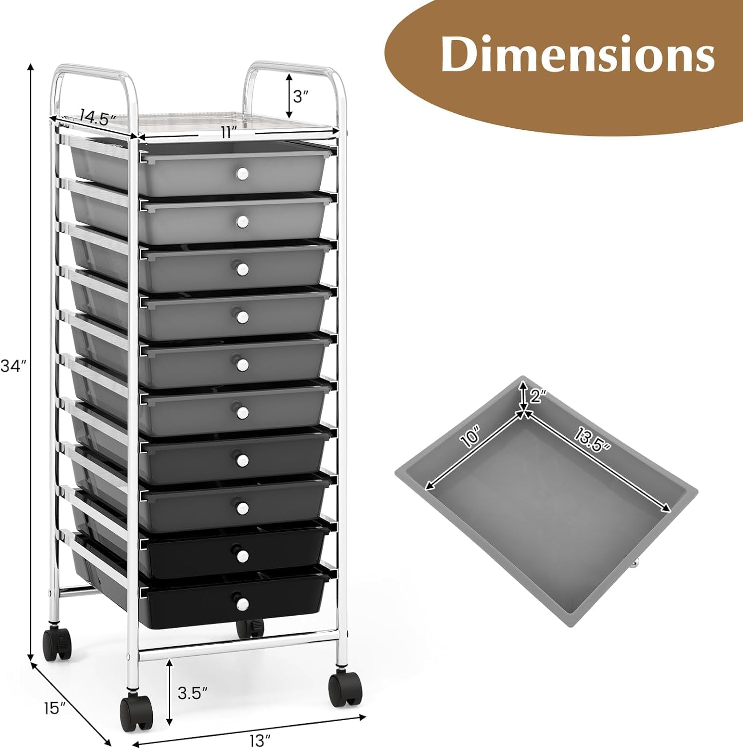 10 Drawers Rolling Storage Cart, Mobile Utility Cart, Sundries Storage Cart w/Lockable Casters for School, Office, Home, Multipurpose Storage Organizer Cart (Black)