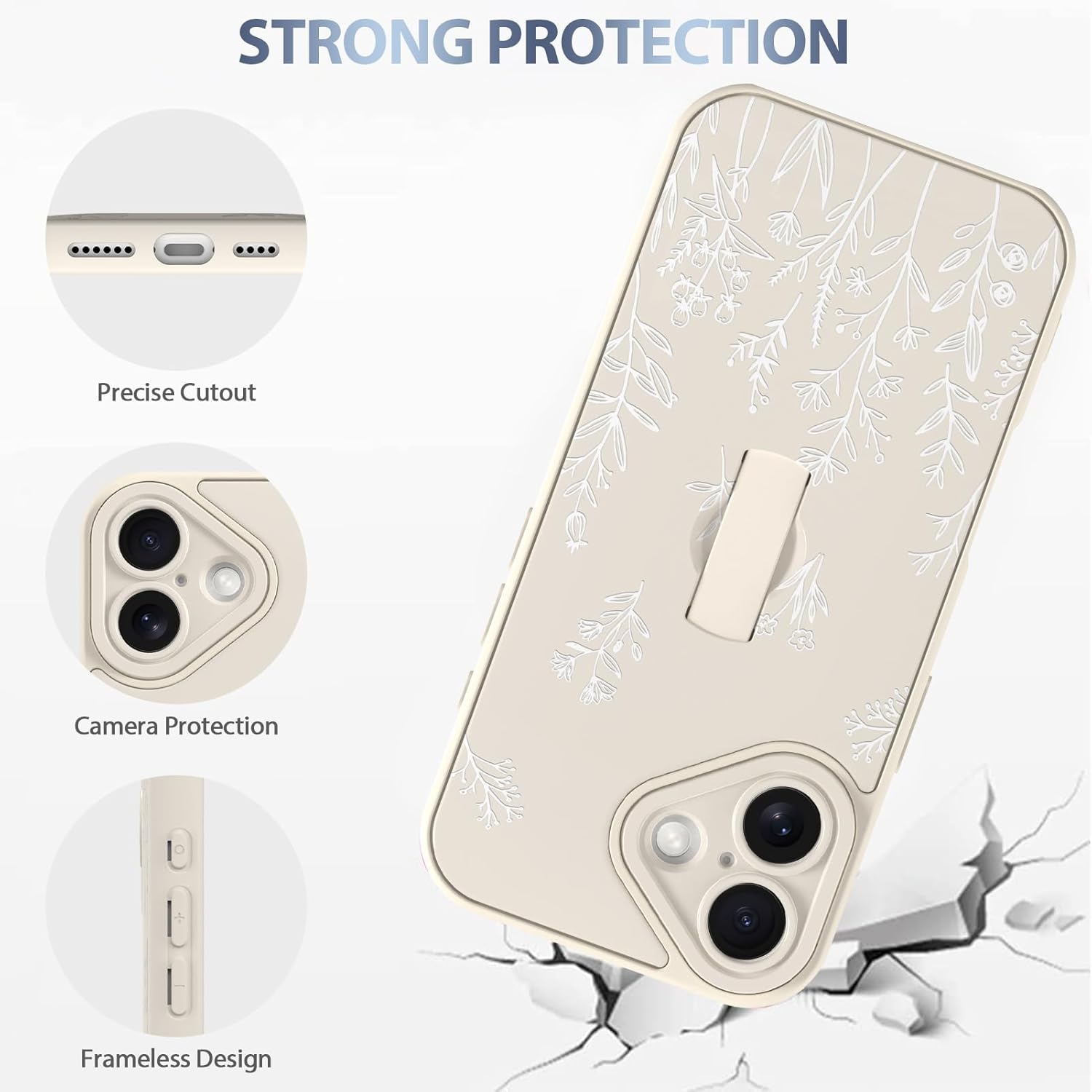 AIGOMARA Case Made for iPhone 17 with Finger Strap Stand Cute White Flower Floral for Women Girls Soft TPU Bumper Hard PC Back Anti-Fall Shockproof Protective Slim Cover