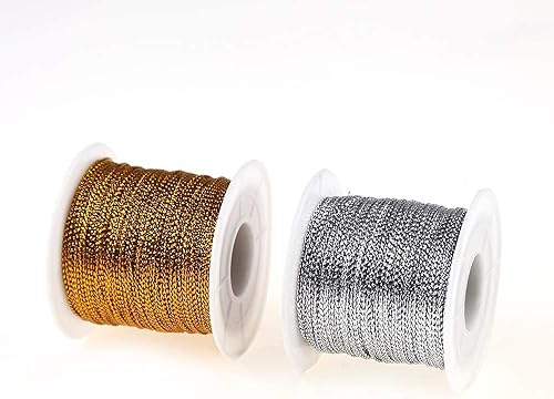 2 carretes de hilo metálico de 656 pies, hilo de joyería dorado, cuerda de oropel para hacer manualidades