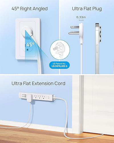 Miniatura 5 de TROND Regleta de alimentación de enchufe plano USB-5 pies, protector de sobretensiones para montaje en pared, 2 cargadores tipo C y 2 puertos USB A