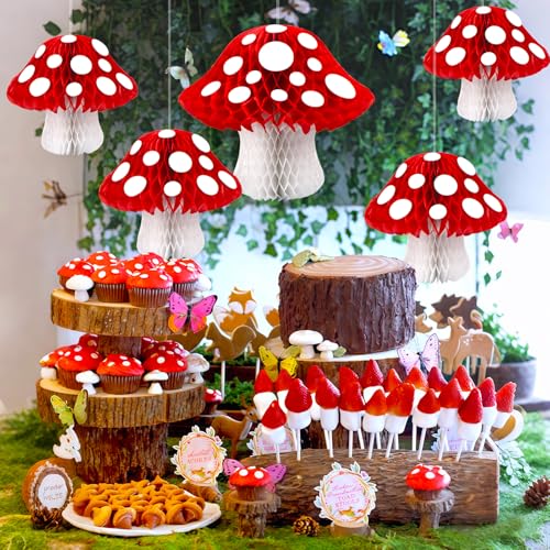 Image of 8PCS Mushroom Honeycomb Decor Mushroom Shaped Tissue Paper Pom Decorations for Jungle Wonderland Themed Birthday Party 3D Mushroom Honeycomb Centerpiece for Fairy Baby Shower Garden Decoration