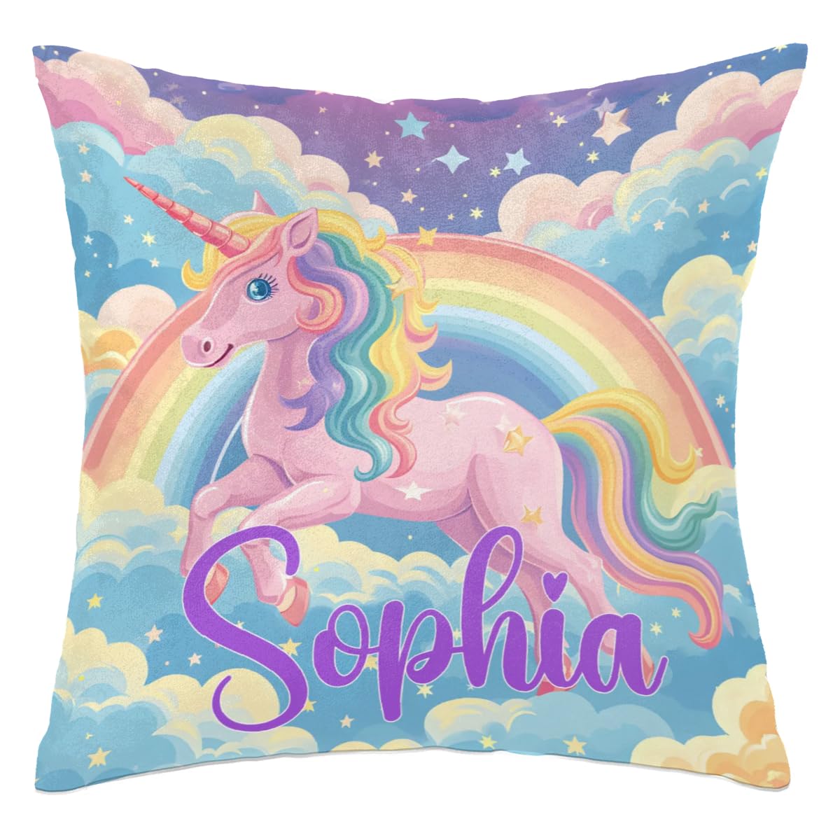 Personalized Pink Unicorn with Rainbow Square Pillowcase for Kids-Girls,Custom Name Cushion Covers,Custom Gifts Throw Pillow Cover for Children Birthday,for Sofa Car Bedroom (Cover Only),Purple Blue