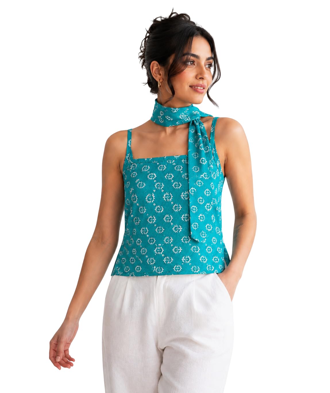 Women's Teal Printed Cotton Sleeveless Cami Top (Size : S) with Neck Scarf, Cotton Lining, Spaghetti Straps-picture-51