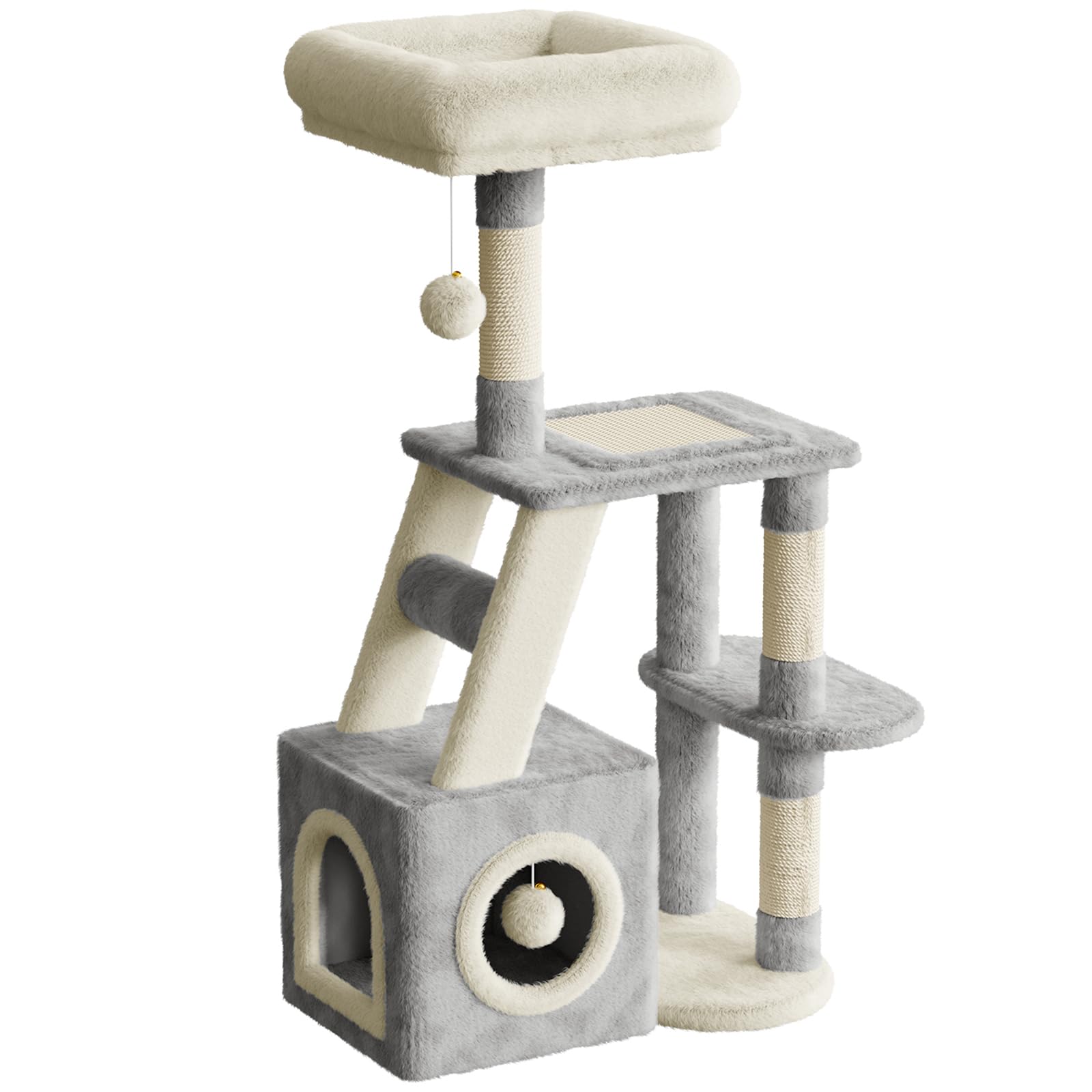 Dogat Cat Tree, 107cm Cat Scratching Post for Indoor Cats, Multi-Level Stable Cats Tower with Scratching Post and Perches, 2 Plush Toy Balls, 1 Cave, for Kitten Climbing, Playing (Grey and Beige)