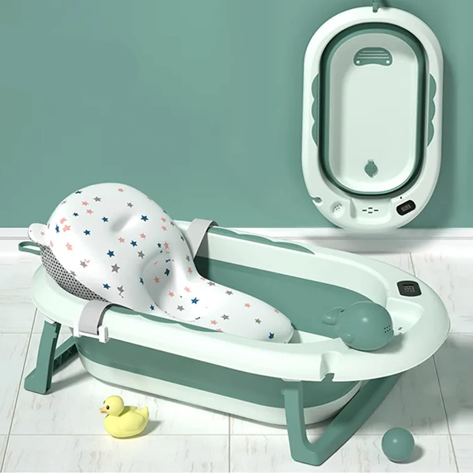 Foldable Temperature Sensing Bathtub with Baby Cushion & Toys, Stable