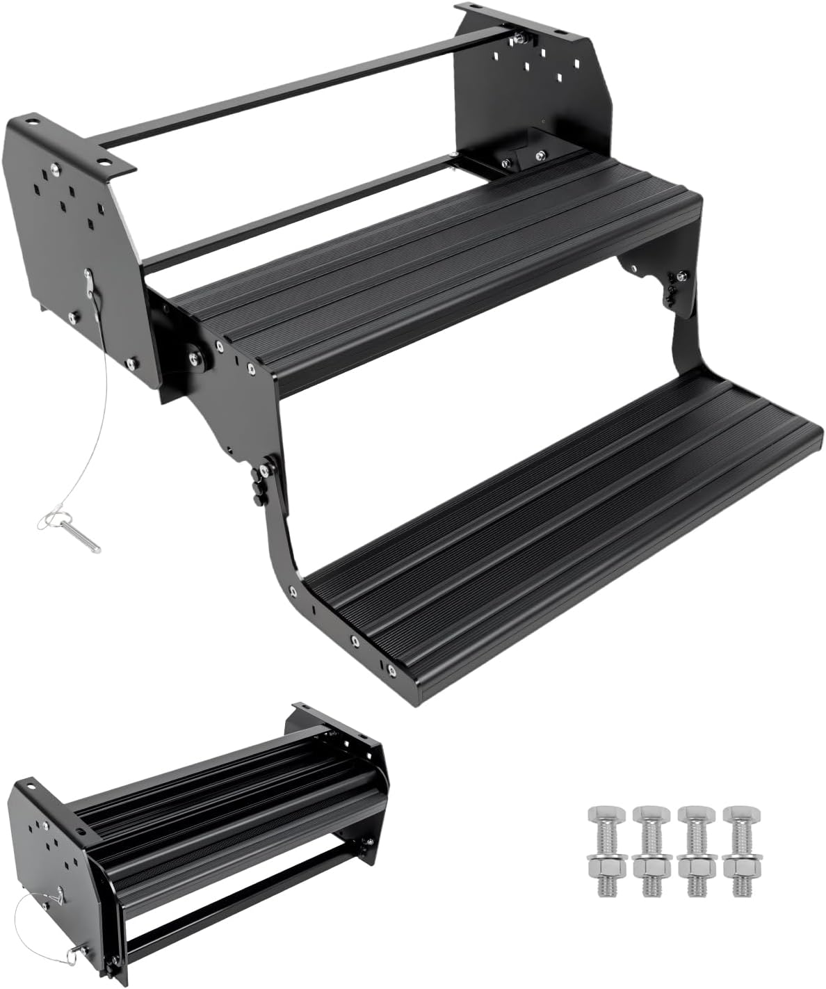 Heavy-Duty Retractable Camper Steps, 5mm Steel & Aluminum Alloy, 600LB Load, Non-Slip Pedals with Locking Switch, Easy Fold for RV Trailer Door