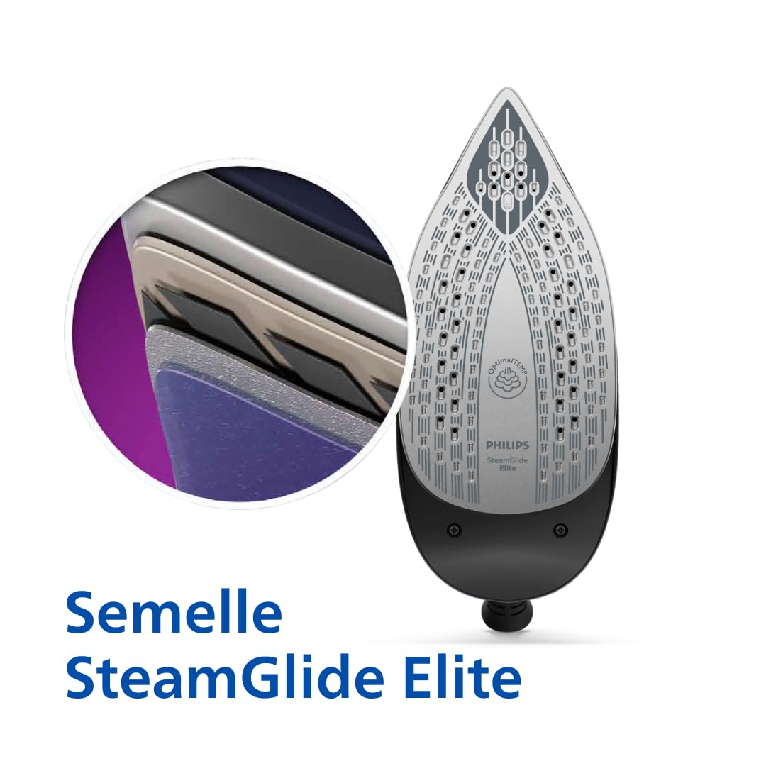 PHILIPS Centrale vapeur PerfectCare Série 7000-2850W, Pressing 650 g/min, 8.5 Bars, Technologie OptimalTEMP, Réservoir 1,5L, Semelle SteamGlide Elite, Vapeur Intelligente, Noir/Doré (PSG7300/80)