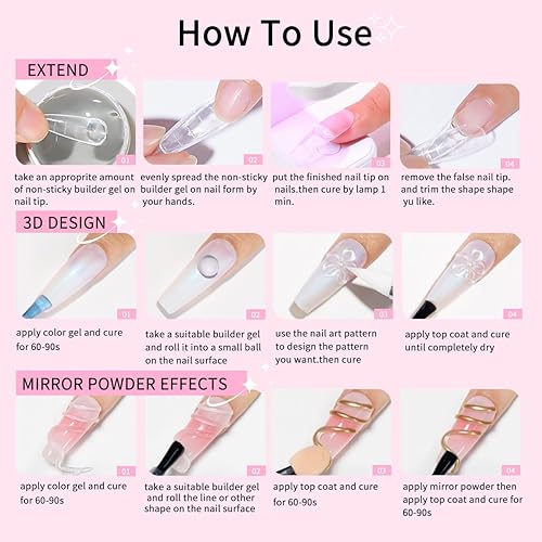 Miniatura 6 de Gel constructor de 2 colores, kit de uñas 3D antiadherente (rosa y transparente), gel de extensión de uñas, arte de uñas multifuncional de larga