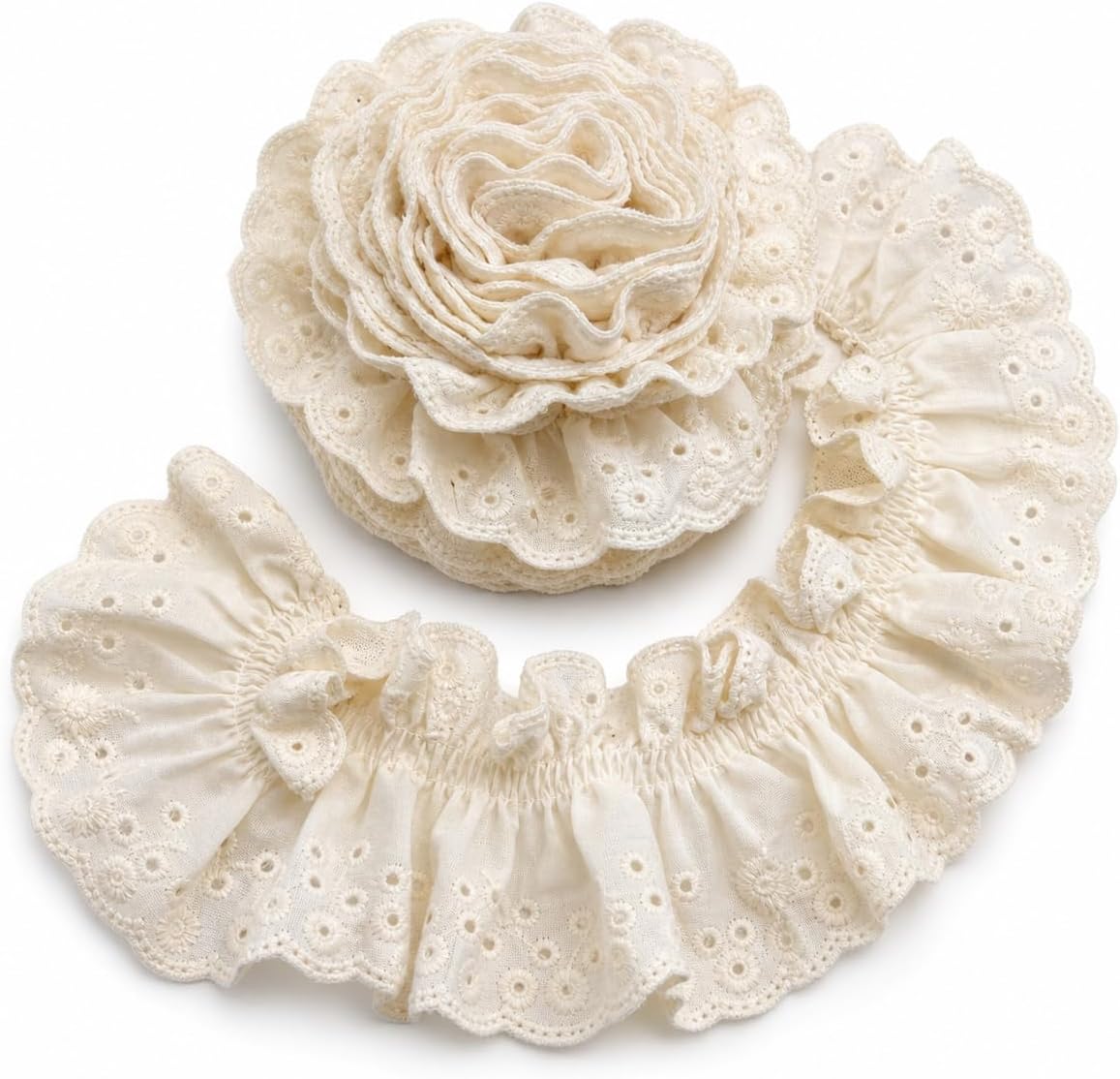 Eyelet Lace Ribbon 3.4 Inch x 3 Yards Double Edge Cotton Ruffle Trim