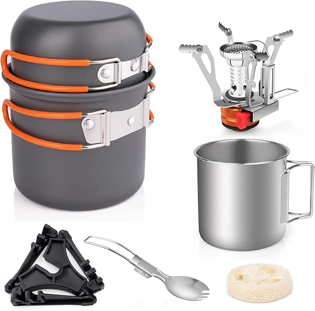 8pcs Camping Cookware Set, Camping Pot and Pan Set with Mini Backpacking Stove Stainless Steel Cup Spork and Tank Bracket Cleaning Tools Mesh Bag,Cooking Gear for Outdoor Hiking Picnic