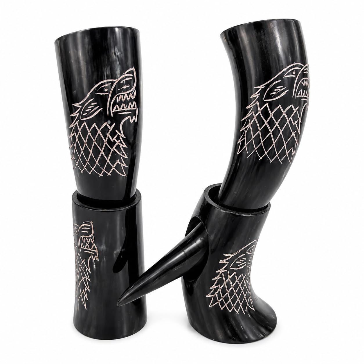 Naturwolf-Gravur Ochsenhorn Wikinger Trinkhorn Tasse mit Ständer Verlangt Trinken Halloween Party Geschenk Trinkhorn Set von 2 Wolf für Ale Mead Bier Kaltgetränk Nordhorn