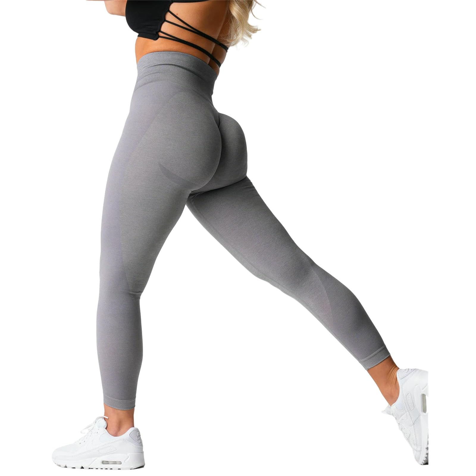Pantaloni da Yoga Senza Cuciture Leggings Donna Vita Alta Scrunch Butt Gym Booty-Grigio-m