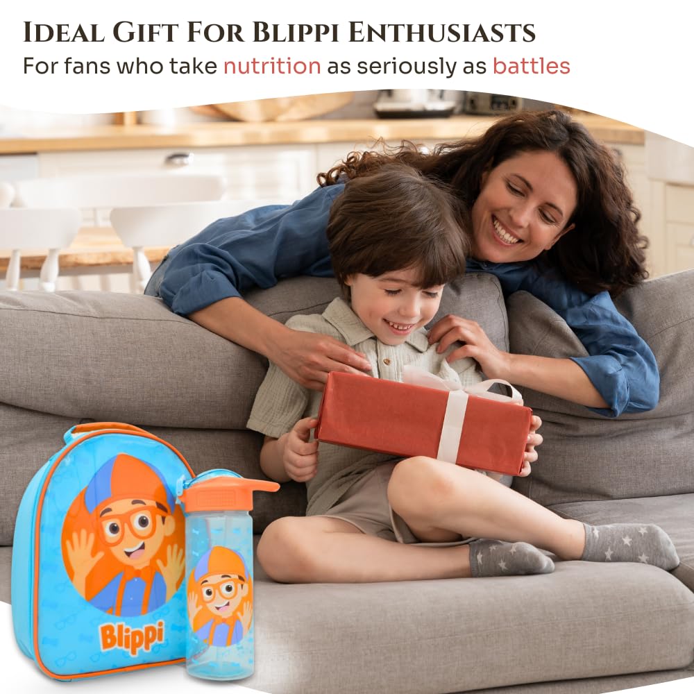 HOX 94833 Blippi Set Sac à déjeuner et bouteille d'eau avec paille à bec rabattable, polyester