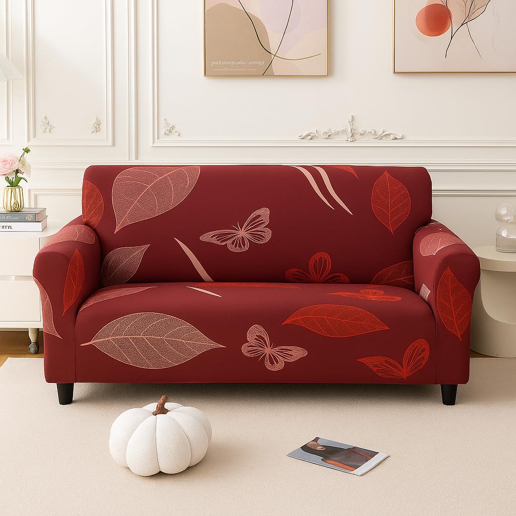 Homerz Premium Universal Elastic fit Sofa Cover Fully Covered, Non-Slip Sticky Elastic Stretchable Sofa Set Slipcover Protector (Maroon Leaf, 3 Seater)