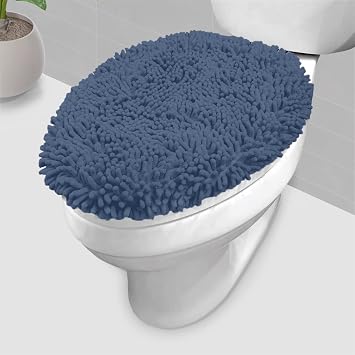 LuxUrux Toilet Lid Cover with Stretch Fit Elastic Band Chenille Microfiber Toilet Seat Non-Slip Cover for Bathroom Soft Plush, Machine Wash And Dry, Comfort & Clean Look 18 x 21, Medium Blue