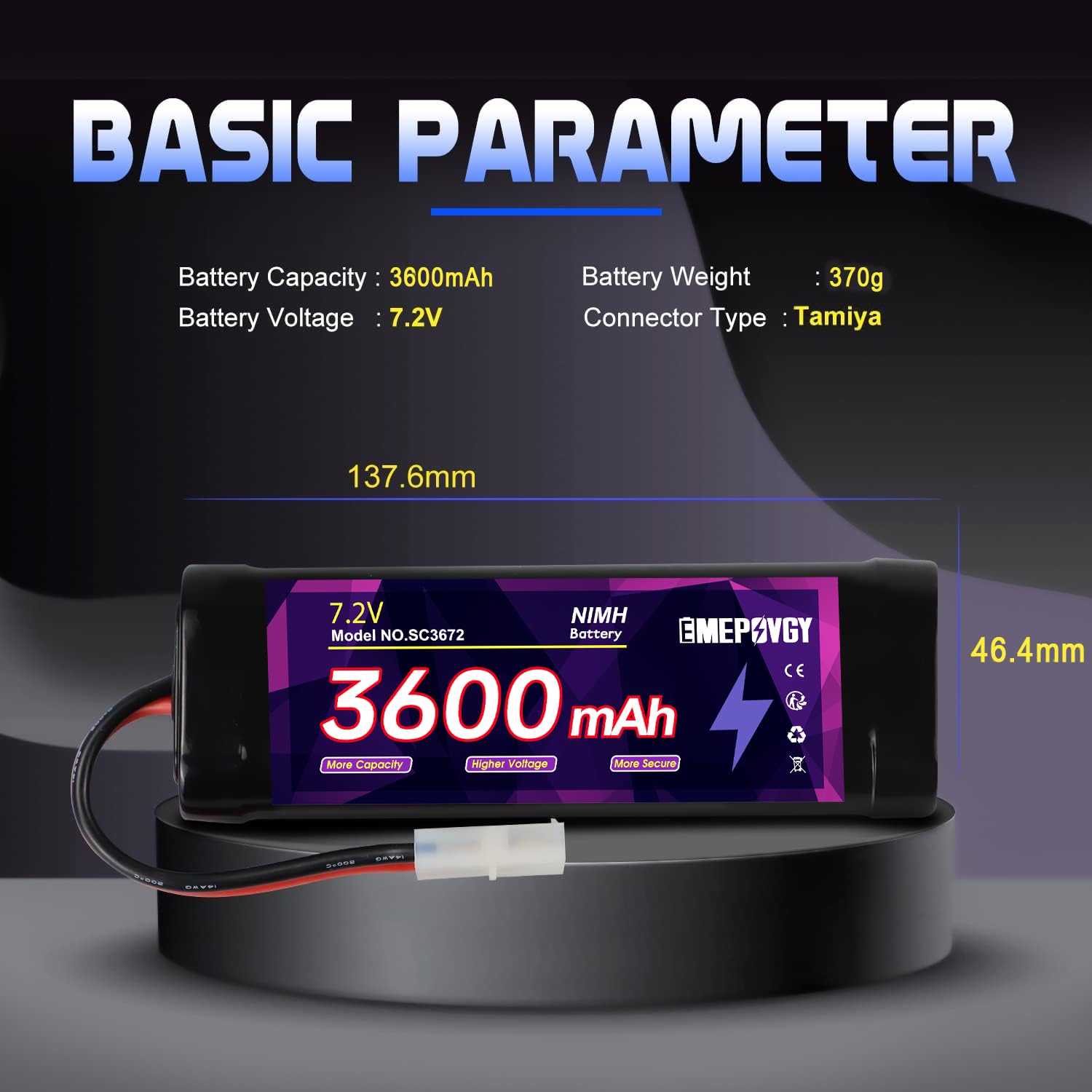 Batería recargable NiMH de 7.2 V RC de 3600 mAh de capacidad, batería plana de 6 celdas con enchufe TMY (2 paquetes)