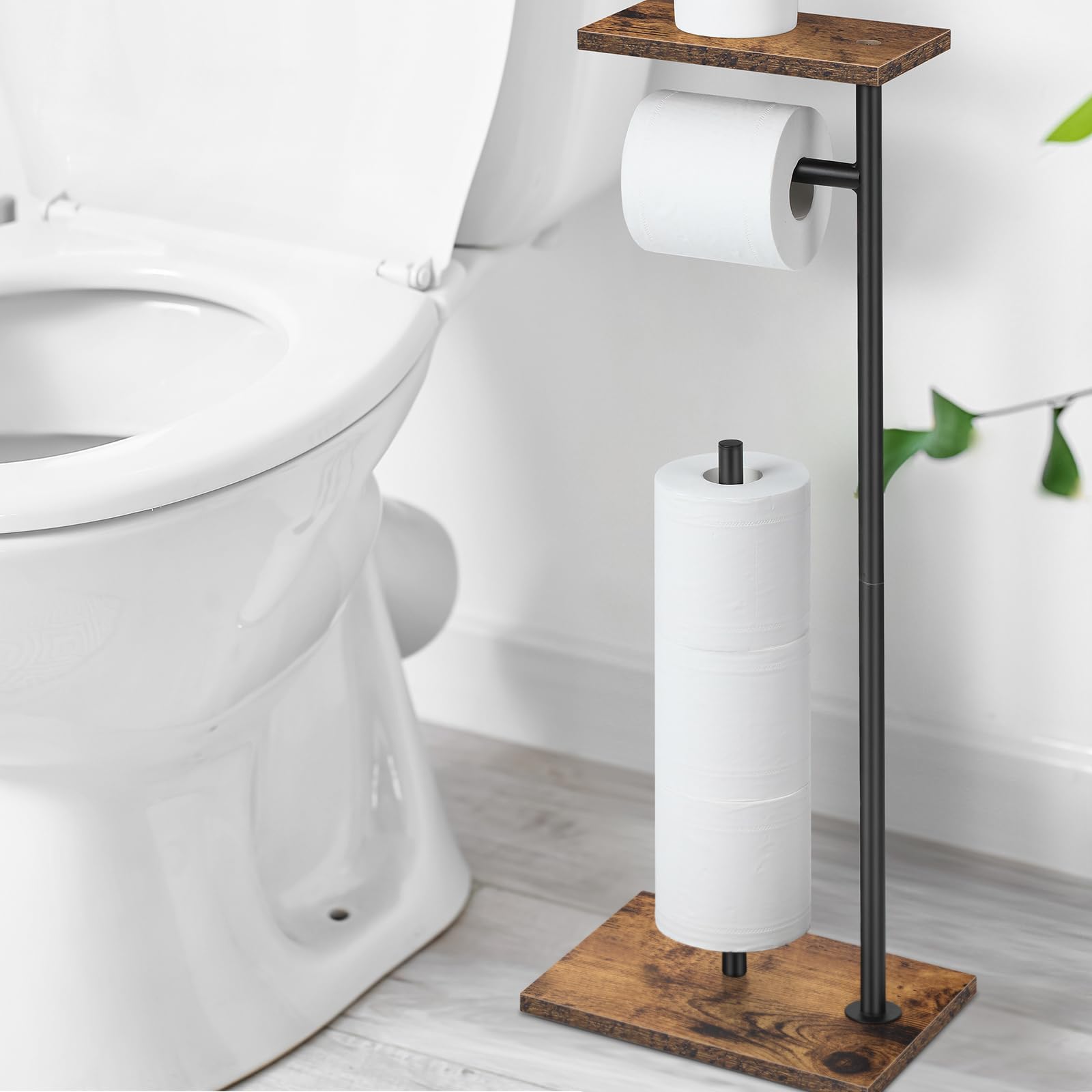 Toilettenpapierhalter Ständer mit Holzablage, freistehender Toilettenpapierhalter mit Telefonablage, Badezimmer-Ersatzpapier-Spender für 4 Reserverollen