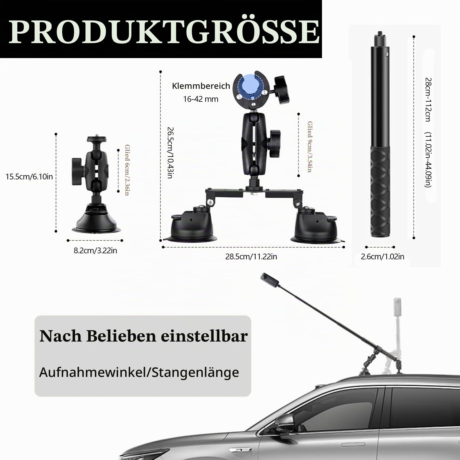 Dreifach Saugnapf Autohalterung Set, Auto Dreifach Saugnapfhalterung und Klemme für Insta360 Gopro Akaso Action Kamera, 28-112 cm Einziehbarer Selfie Stick Magic Arm Kamerahalterung