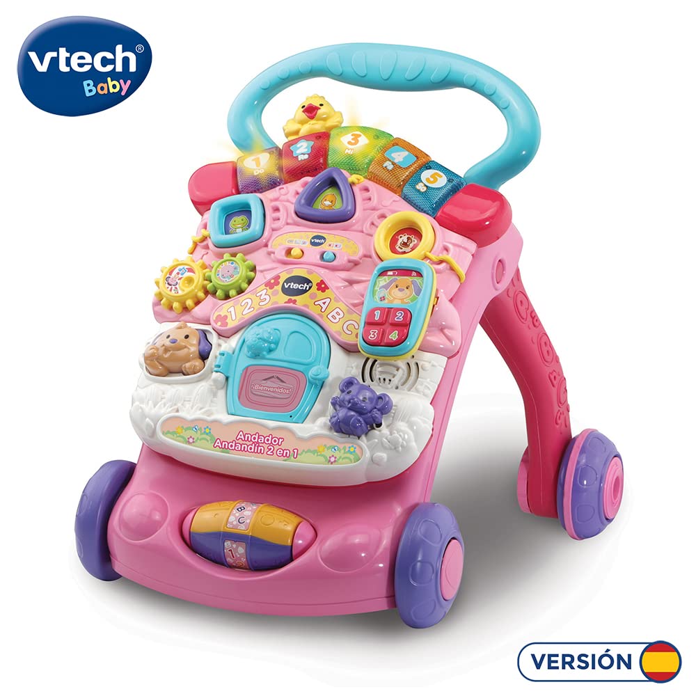 VTech -Baby 2-in-1 Gehhilfe, Rosa, Lauflernhilfe mit Musik und Lichtern | CE + EN71 zertifiziert, Babys 6-36 Monate, klappbare Beine, abnehmbares Panel, 46 x 33,3 x 45 cm, 2 AA-Batterien, ESP Version