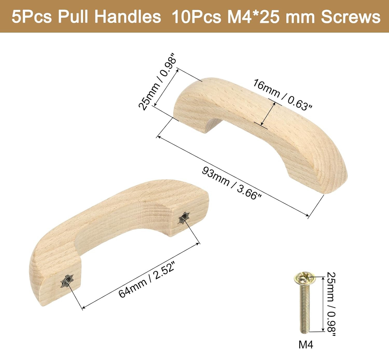 uxcell 5Pcs Wood Drawer Pulls Handles Set 64mm/2.52" Hole Spacing Beech Wood Kitchen Cabinets Knobs Handle Dresser Furniture, Wood Color