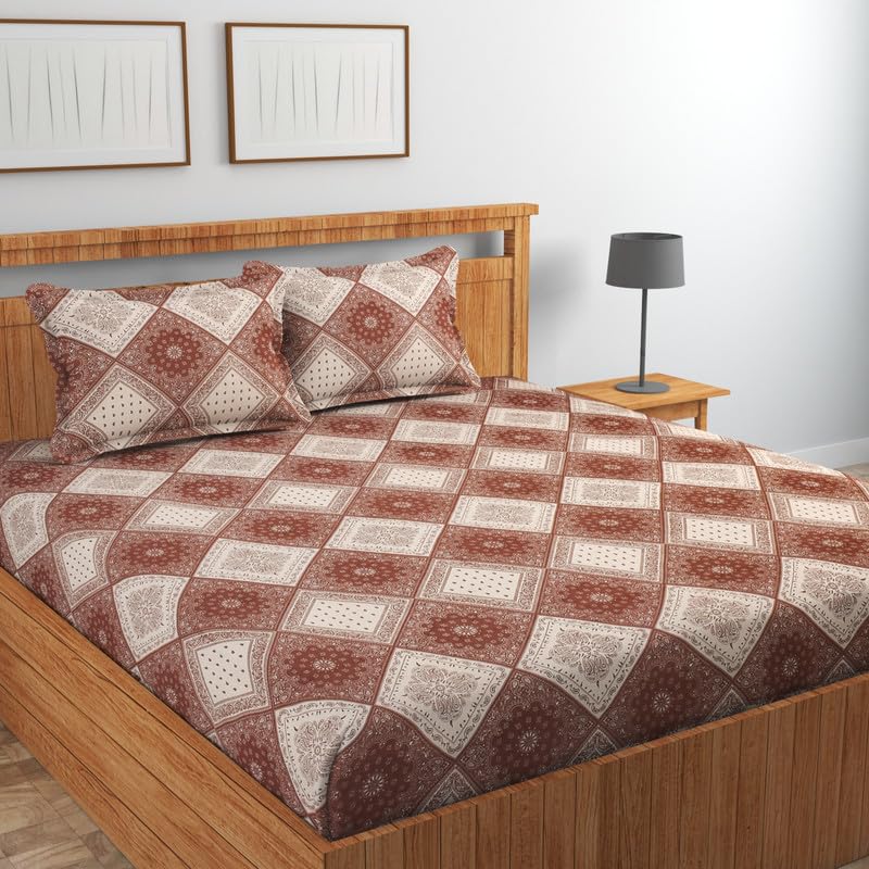 Image of NHD HOME Premium Cotton Flat Double Bedsheets with 2 King Size Pillow Covers | Double Bed Breathable | Wrinklefree | Ultrasoft 220 tc Supersoft Floral | 90x90 Inches, Brown & White