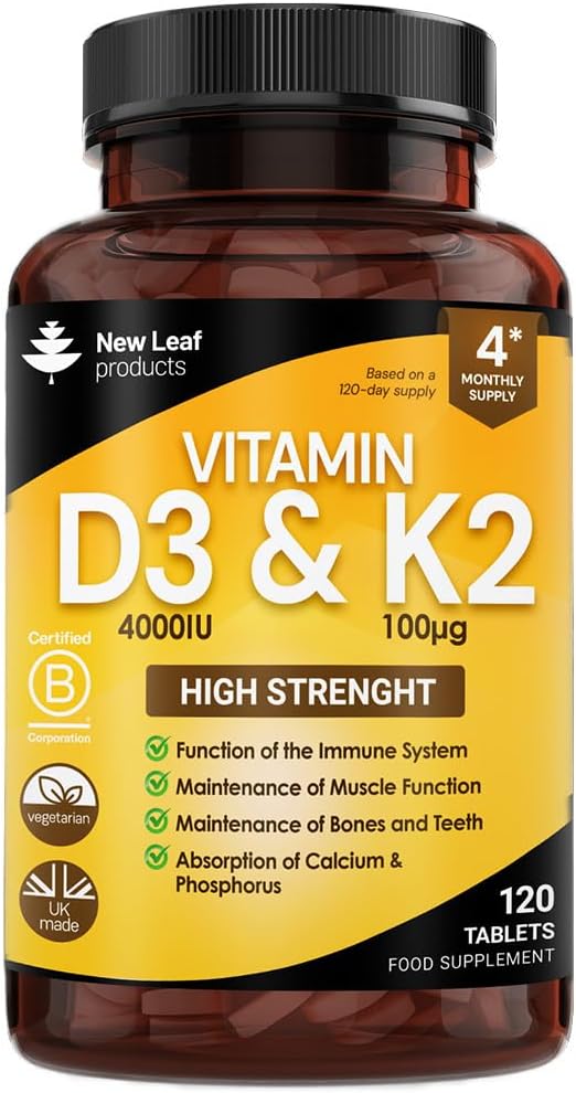 Vitamin D3 K2 – Vitamin D3 4000iu & Vitamin K2 100ug (MK7) 4 Months Supply, Supports Immunity, Calcium Absorption and Bone Health, Non-GMO, UK Made by New Leaf 120 Micro Small Vegetarian Tablets,
